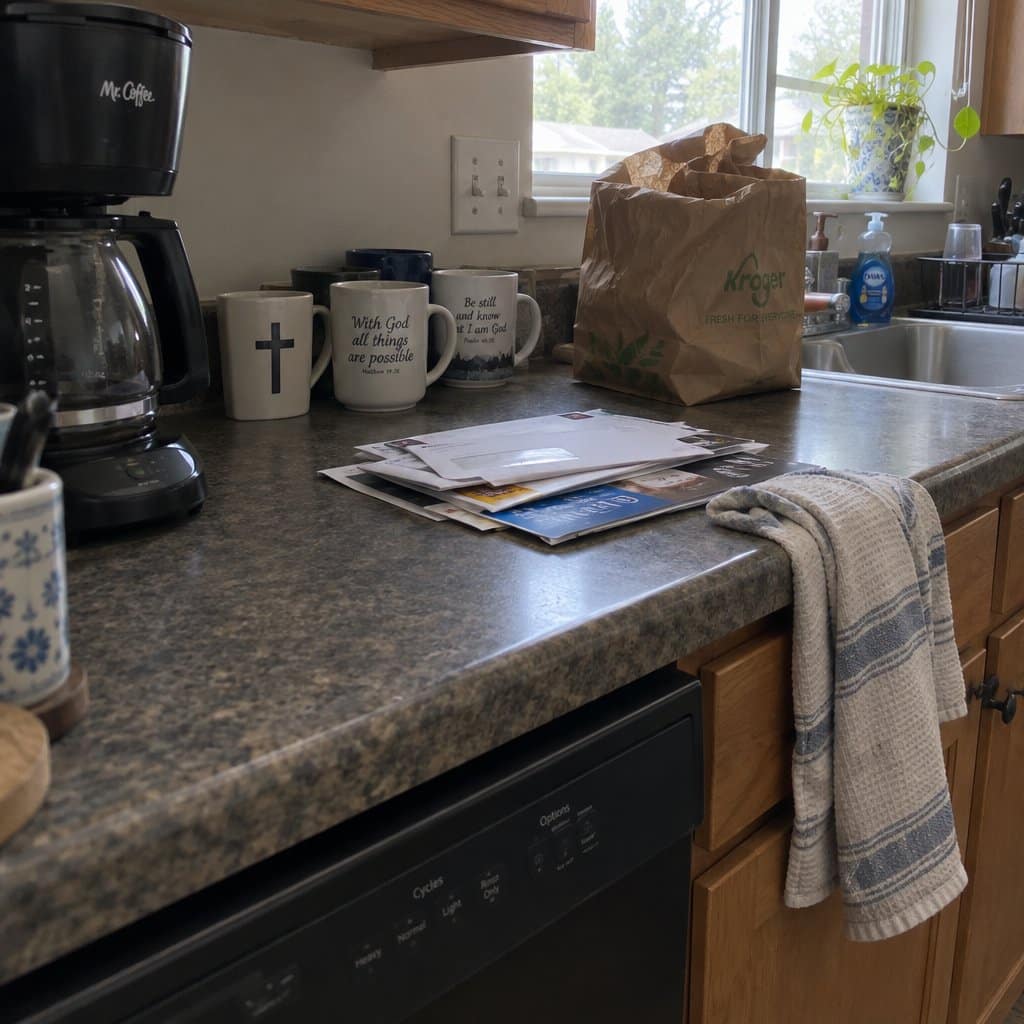 Several mugs with printed designs are clustered near a coffeemaker on a cluttered kitchen counter, with a dish towel and mail nearby, no people present