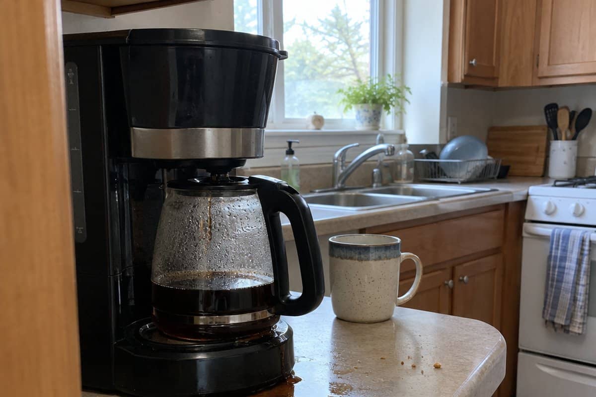 Drip coffee maker with the glass carafe pulled partway out and coffee spilled across a kitchen counter