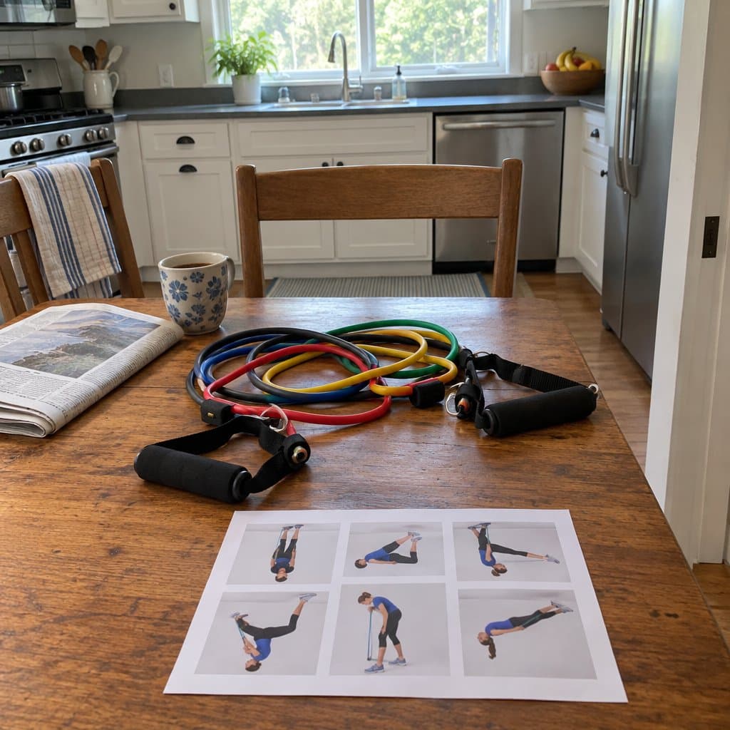 Colorful resistance bands and handles on a kitchen table beside a printed exercise sheet