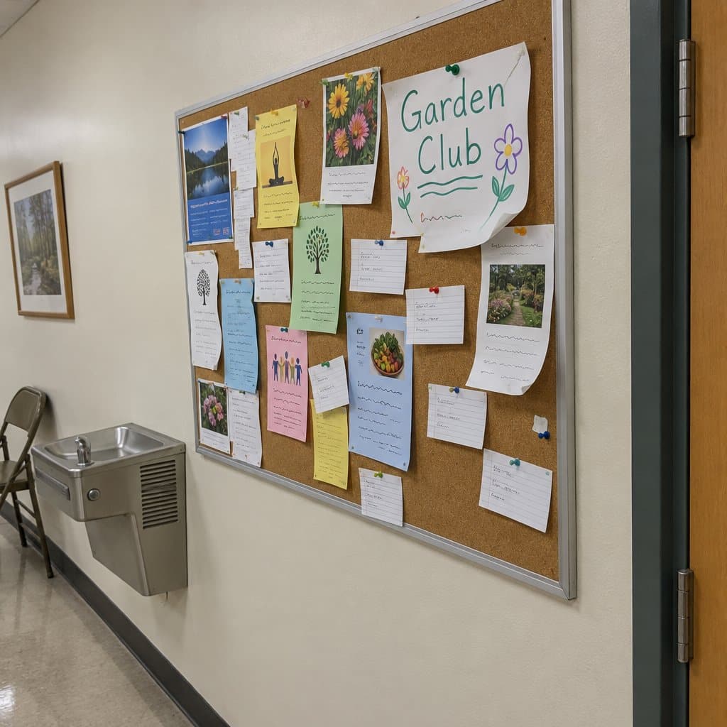 Crowded community bulletin board with paper flyers and a handwritten garden club sheet