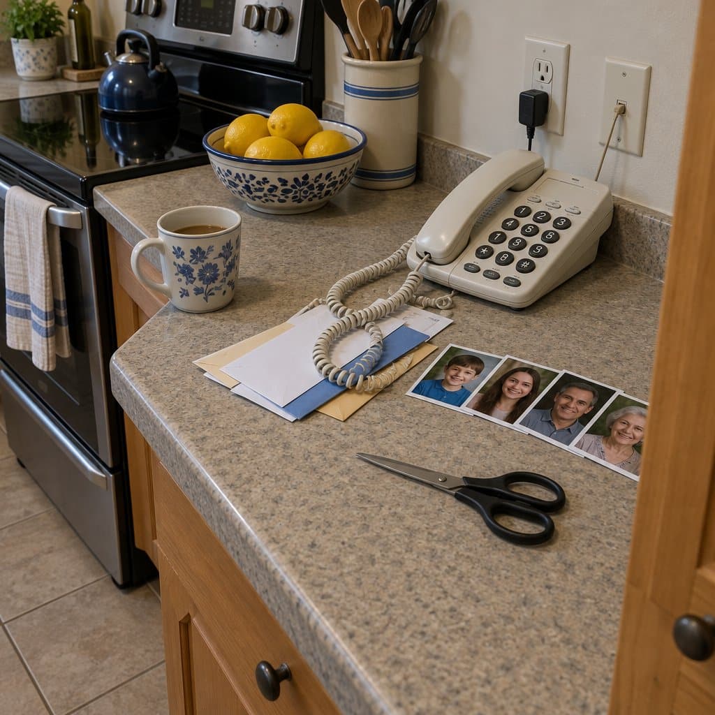 Corded phone on a kitchen counter next to loose printed family photos and scissors