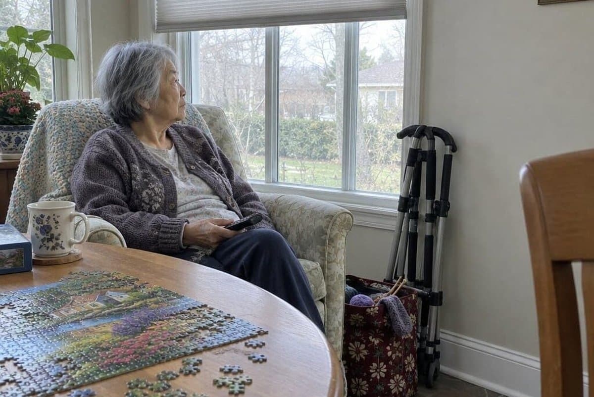 Older woman seated in an armchair with a remote in her lap watching a tall window blind partway lowered.