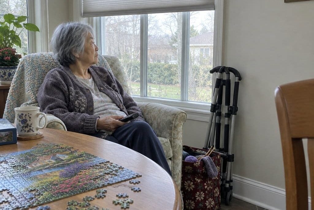 Older woman seated in an armchair with a remote in her lap watching a tall window blind partway lowered.