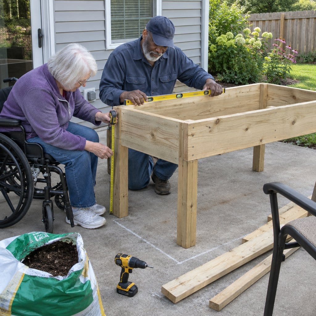 Man checking a wooden raised bed frame with a level while a woman in a wheelchair holds a tape measure