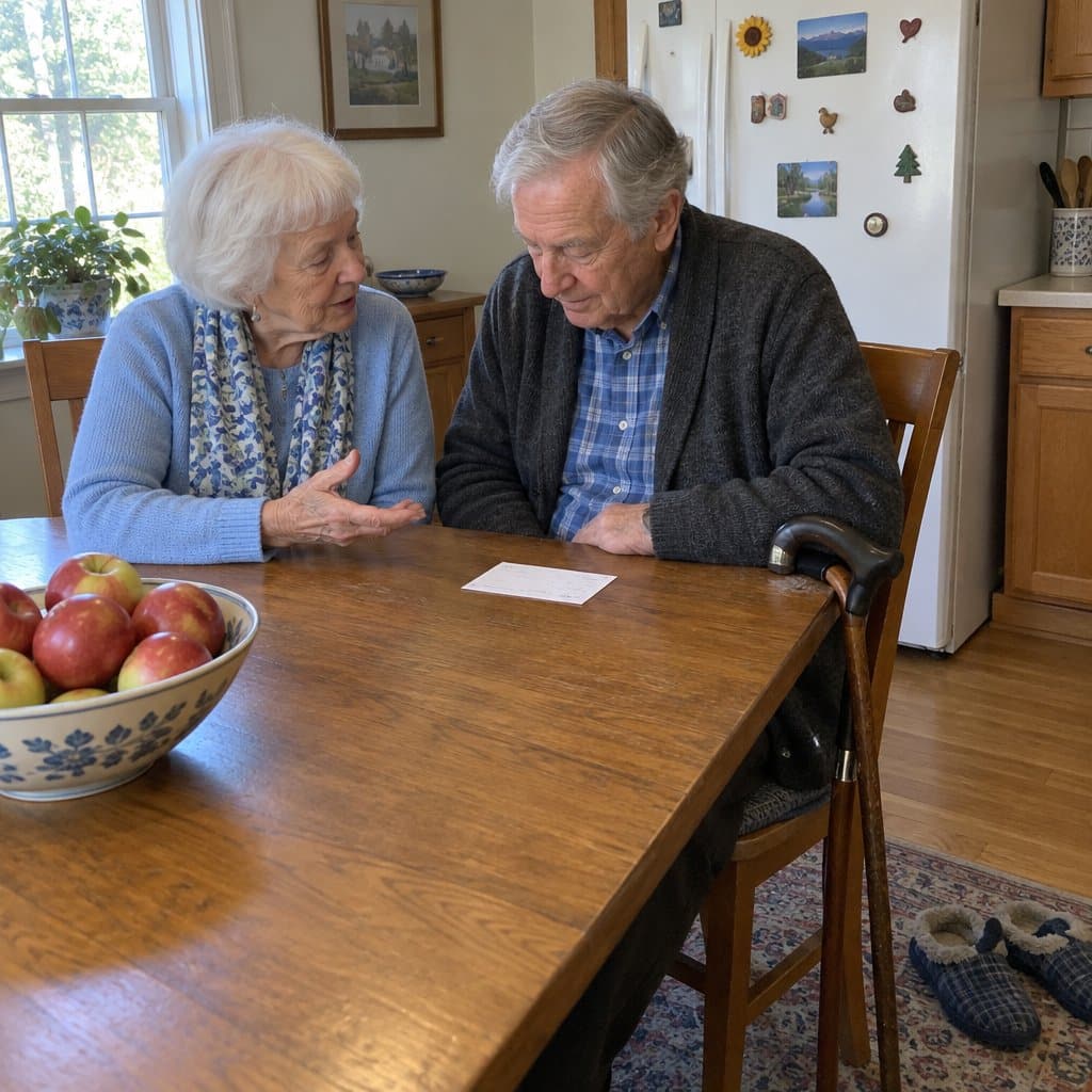 Elderly couple talking at a dining table with an index card in front of them