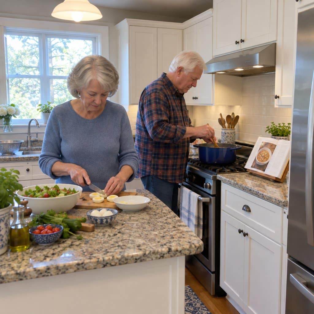 Older couple cooking together at a kitchen counter and stove