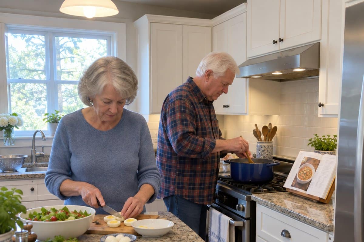 Older couple cooking together at a kitchen counter and stove