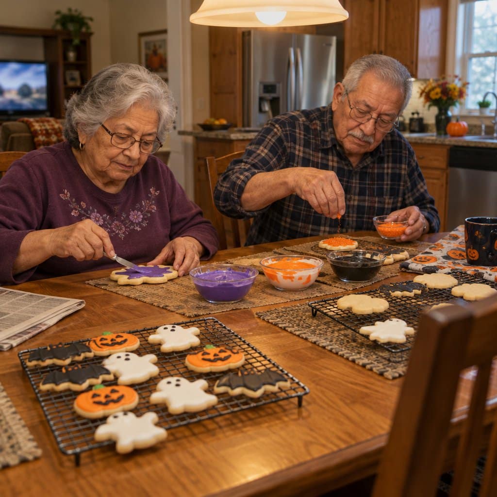 Older couple decorating Halloween sugar cookies with icing and sprinkles at a dining table