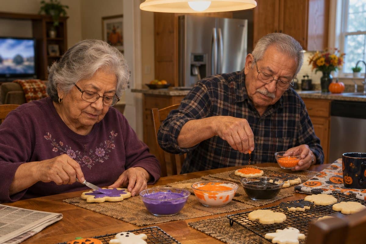 Older couple decorating Halloween sugar cookies with icing and sprinkles at a dining table