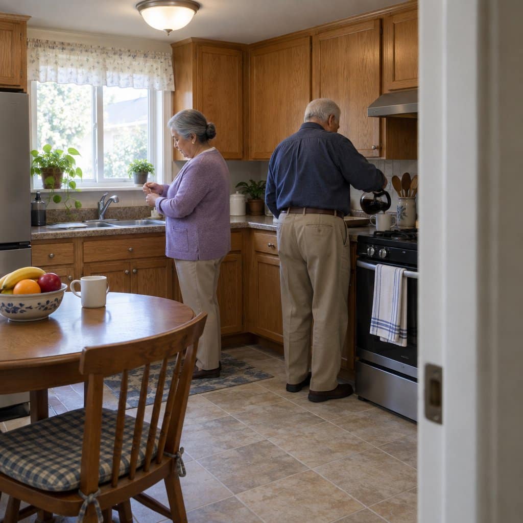 Older woman buttoning her cuff in a kitchen while her husband pours coffee beside her