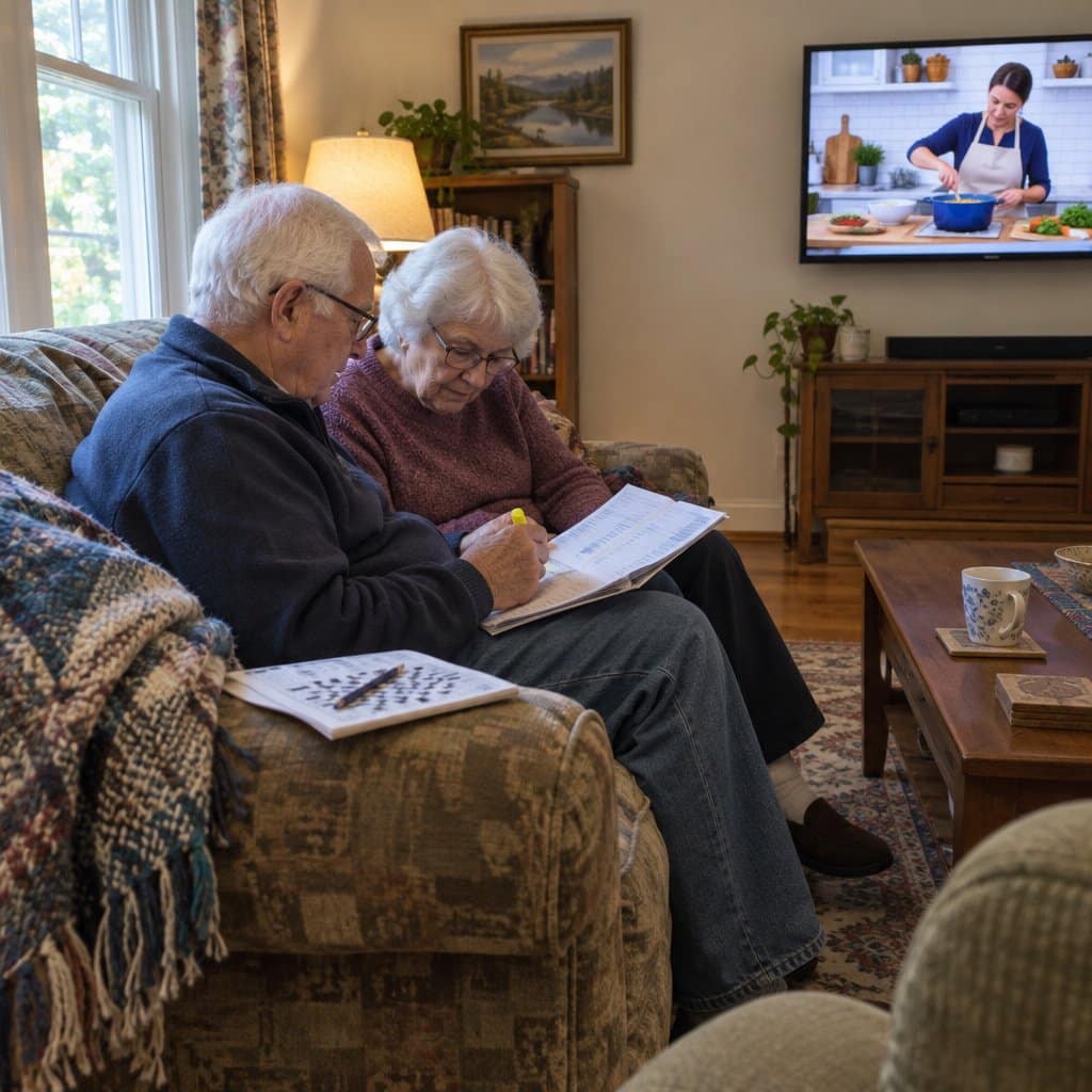 Older couple on a sofa reviewing a bank statement with a highlighter
