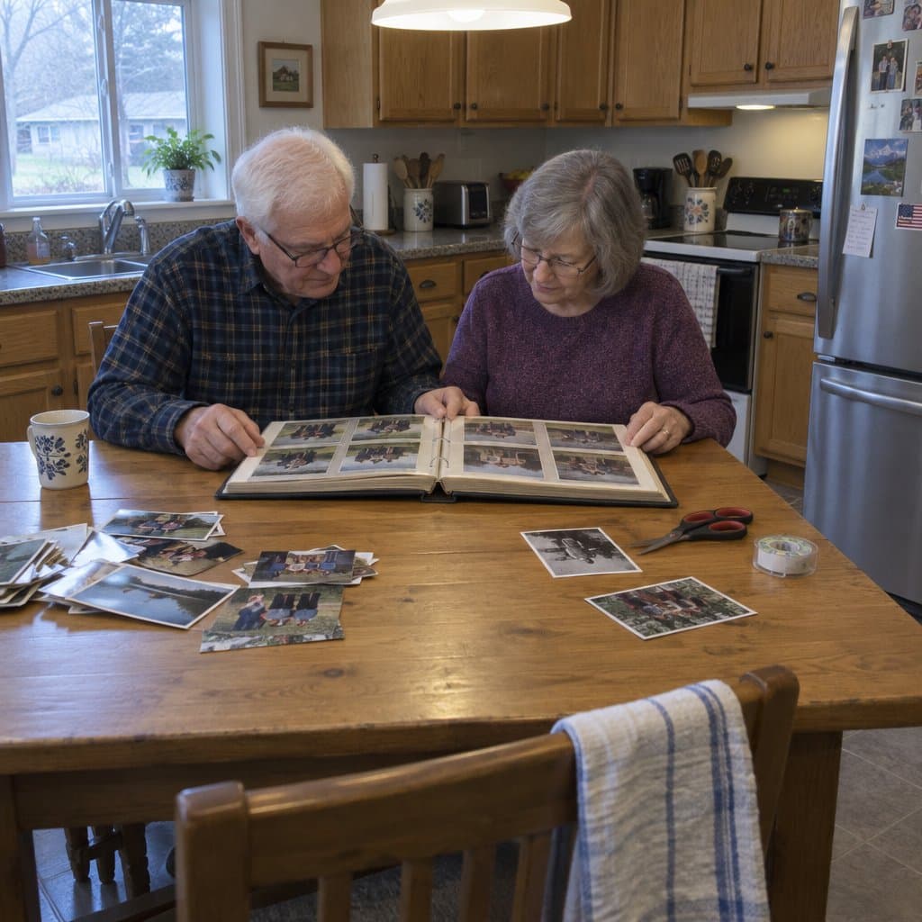 Older couple at a kitchen table looking through a photo album with loose prints nearby