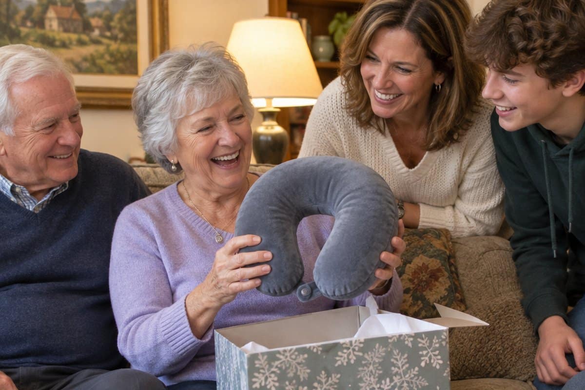 Older woman laughing as she opens a travel pillow gift with her husband, daughter and grandson