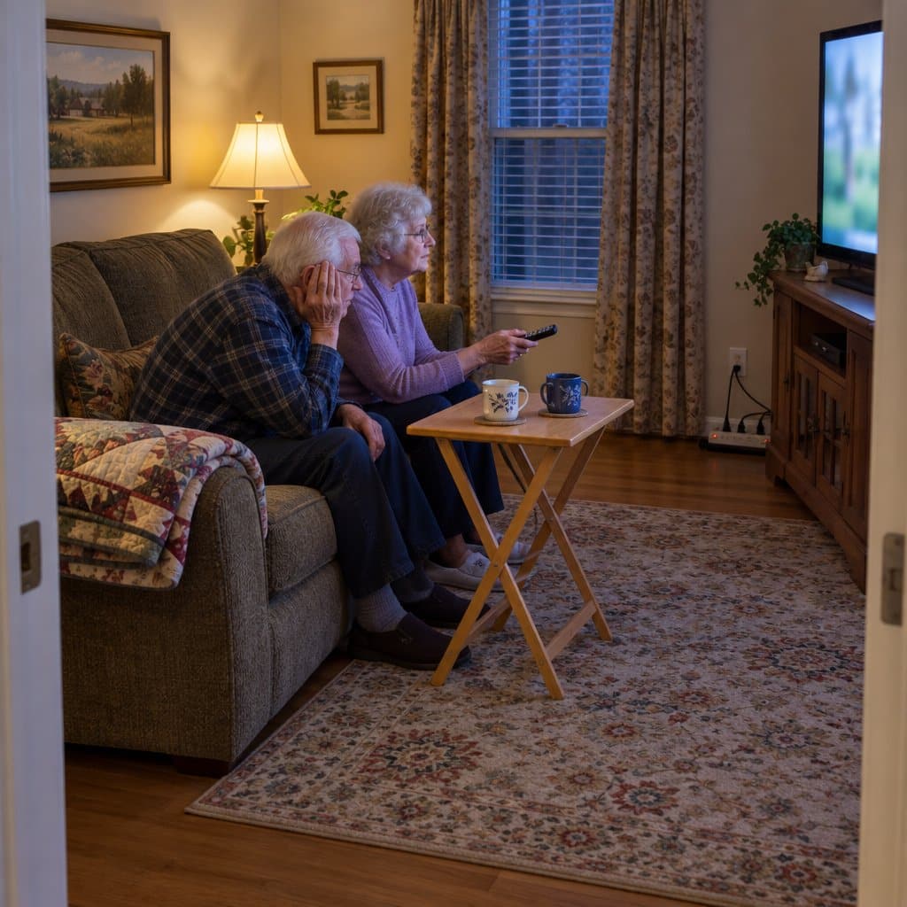 Older couple on a sofa watching television, the man cupping his ear