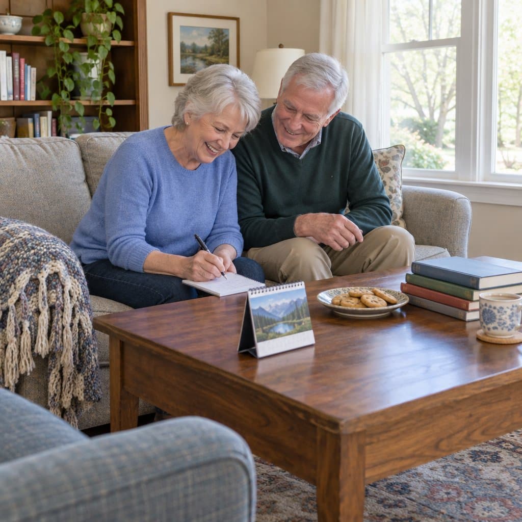 Older couple on a sofa smiling while one writes a plan on a notepad