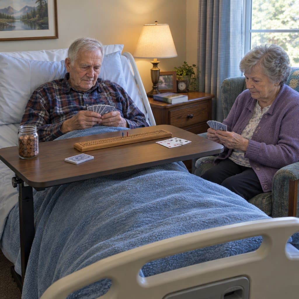 Older man in a hospital bed and his wife playing cards at an overbed table