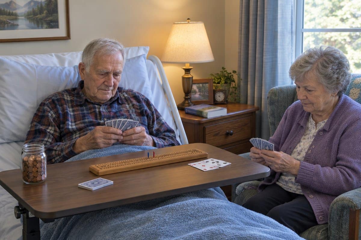 Older man in a hospital bed and his wife playing cards at an overbed table