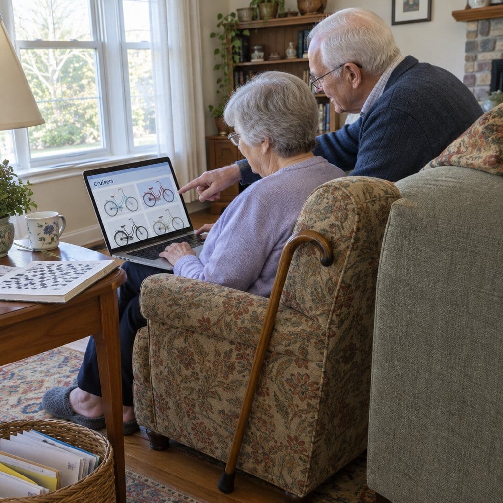 Older couple looking at bicycles on a laptop in a living room