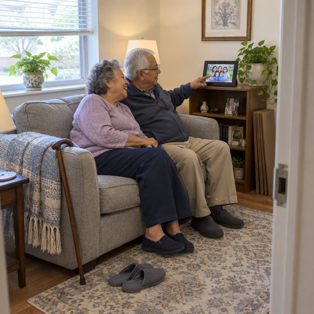 Older couple sitting on a loveseat in a bright apartment smiling at a digital photo frame