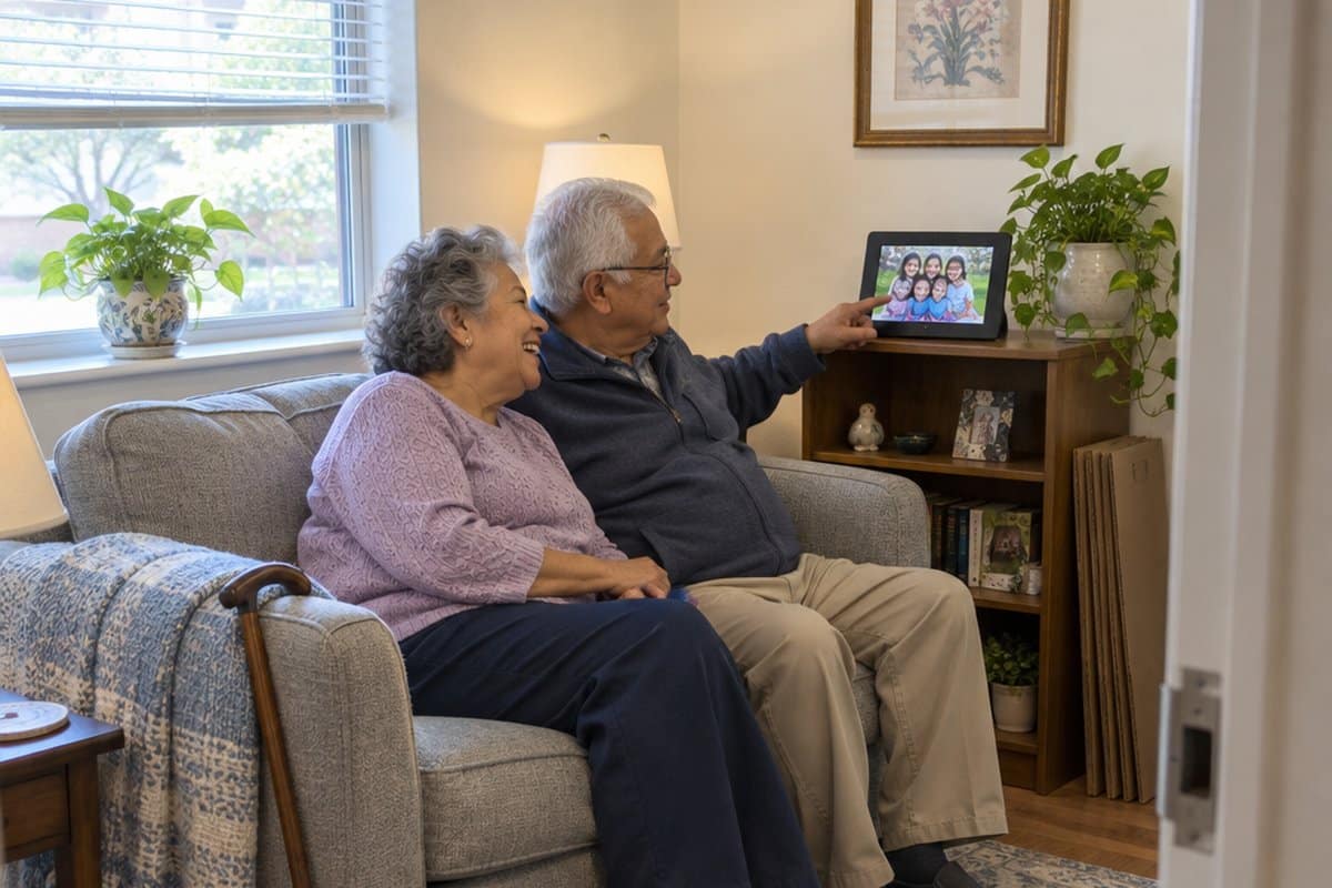 Older couple sitting on a loveseat in a bright apartment smiling at a digital photo frame