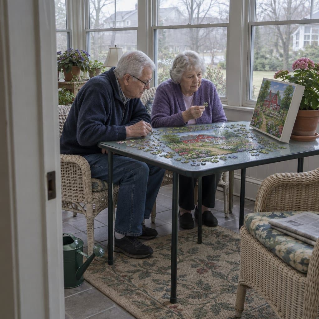 Older couple at a sunroom table sorting jigsaw pieces with a farmhouse picture on the box lid
