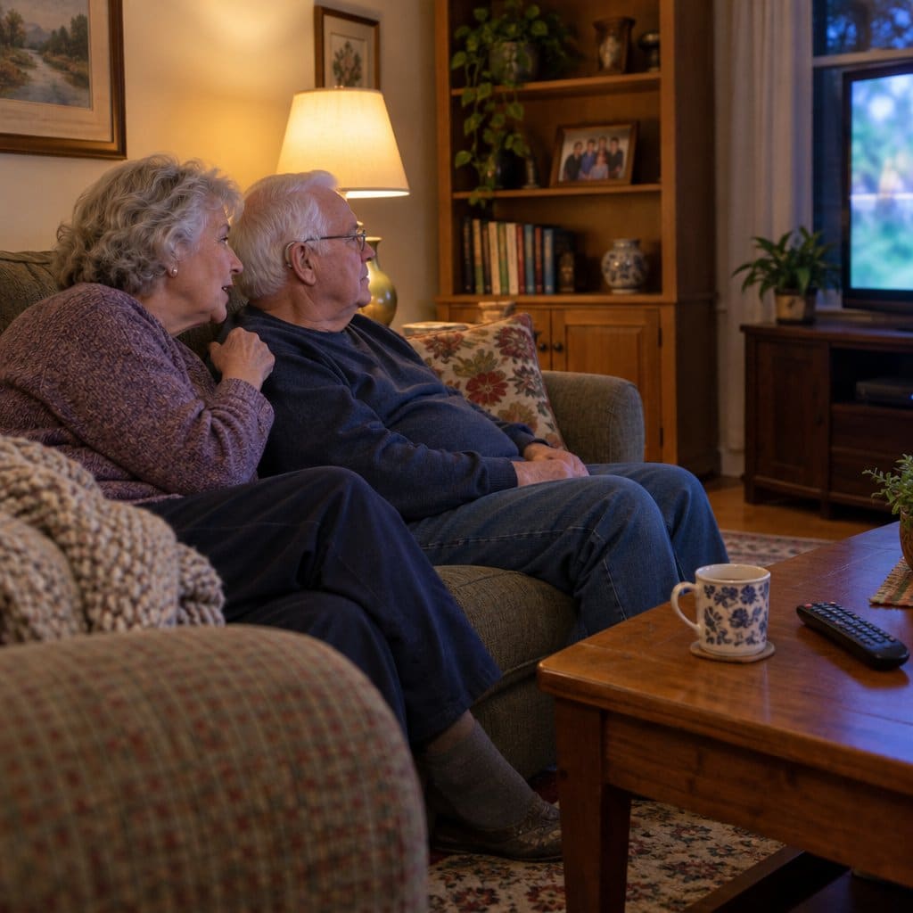 Older couple on a couch watching television, the husband wearing a hearing aid