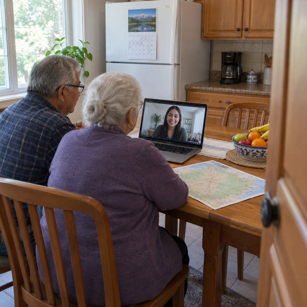 Older couple at a kitchen table on a video call with family while discussing a move