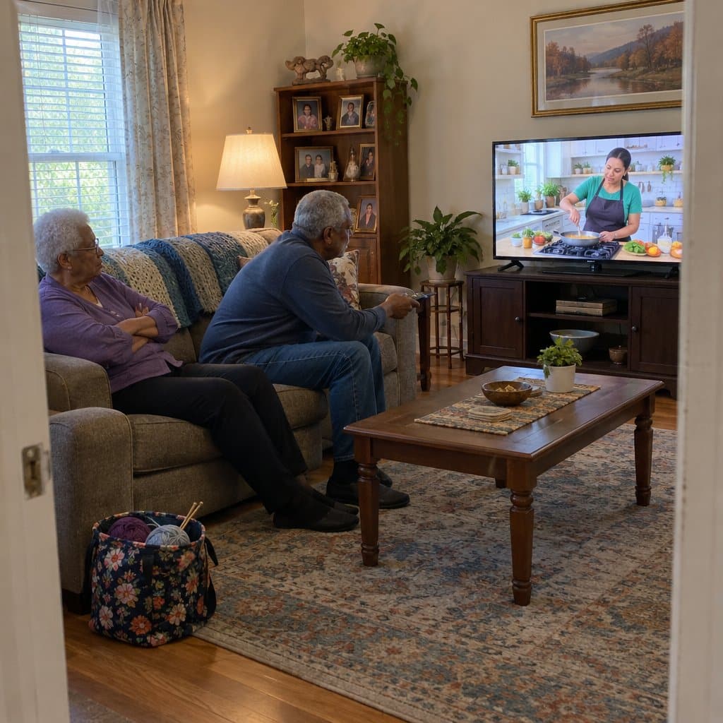 Older couple on a sofa watching a cooking show on TV, one holding the remote