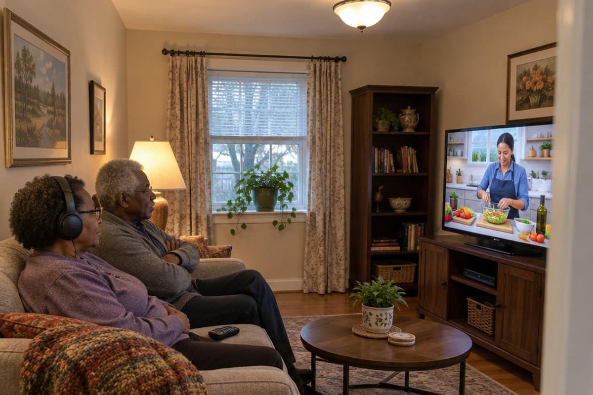 Older couple on a sofa watching television, the woman wearing wireless headphones