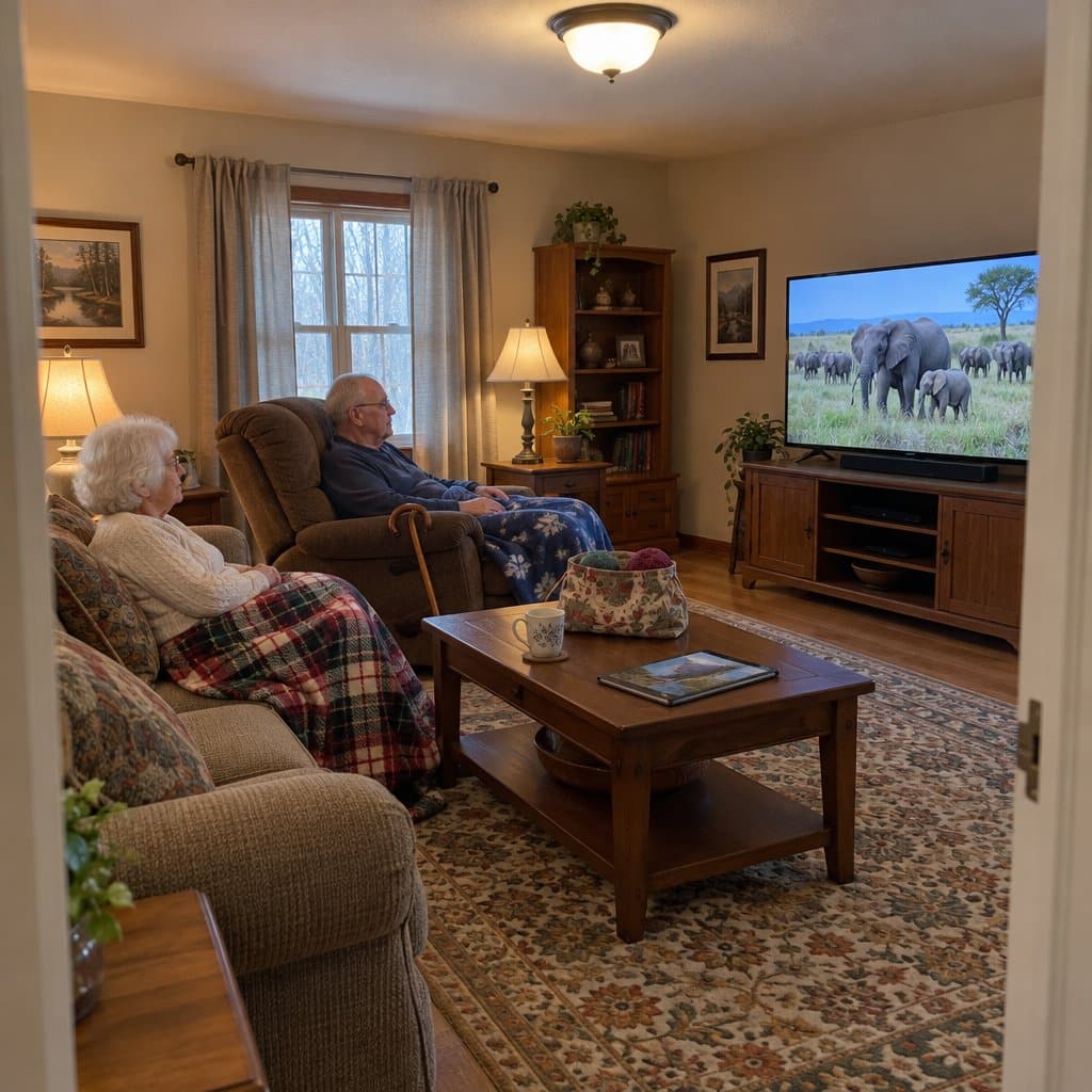 Older couple on a couch and recliner with lap blankets watching a nature program on television