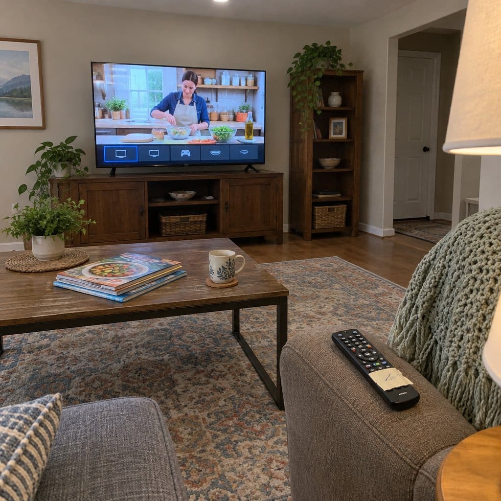 Remote with many small buttons resting on an empty armchair near a TV showing a cooking show