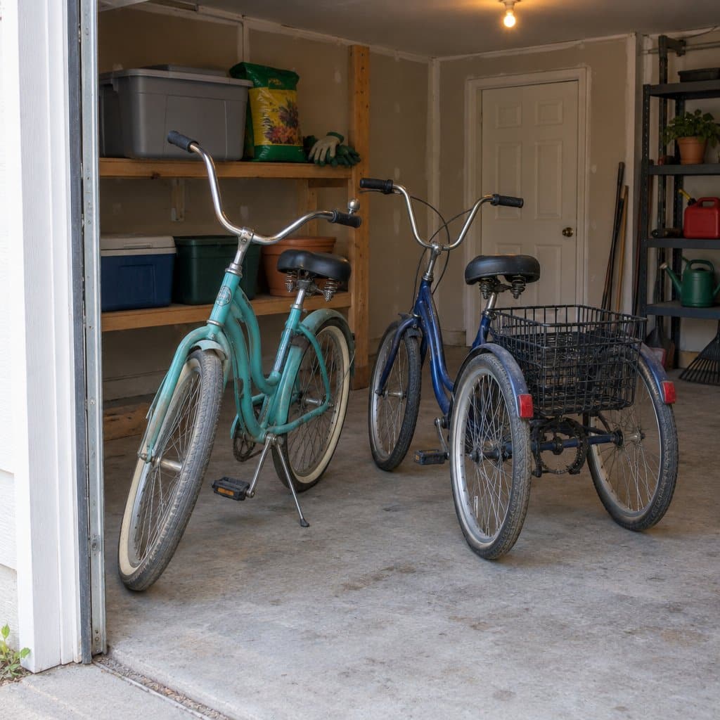 Beach cruiser bicycle parked beside an adult tricycle in a garage
