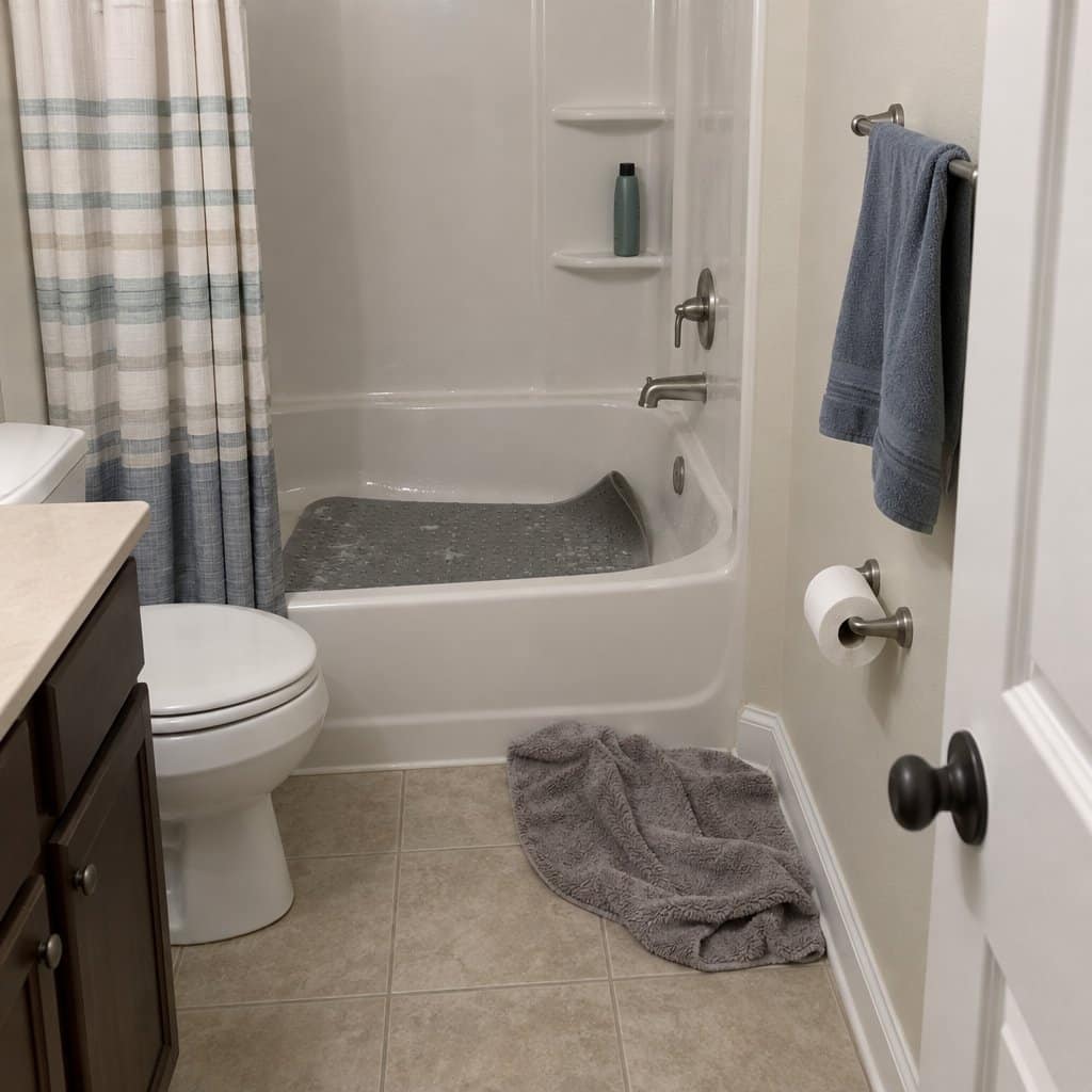 Bathroom with a bath mat curled at one corner inside the tub and a bunched mat on the floor outside