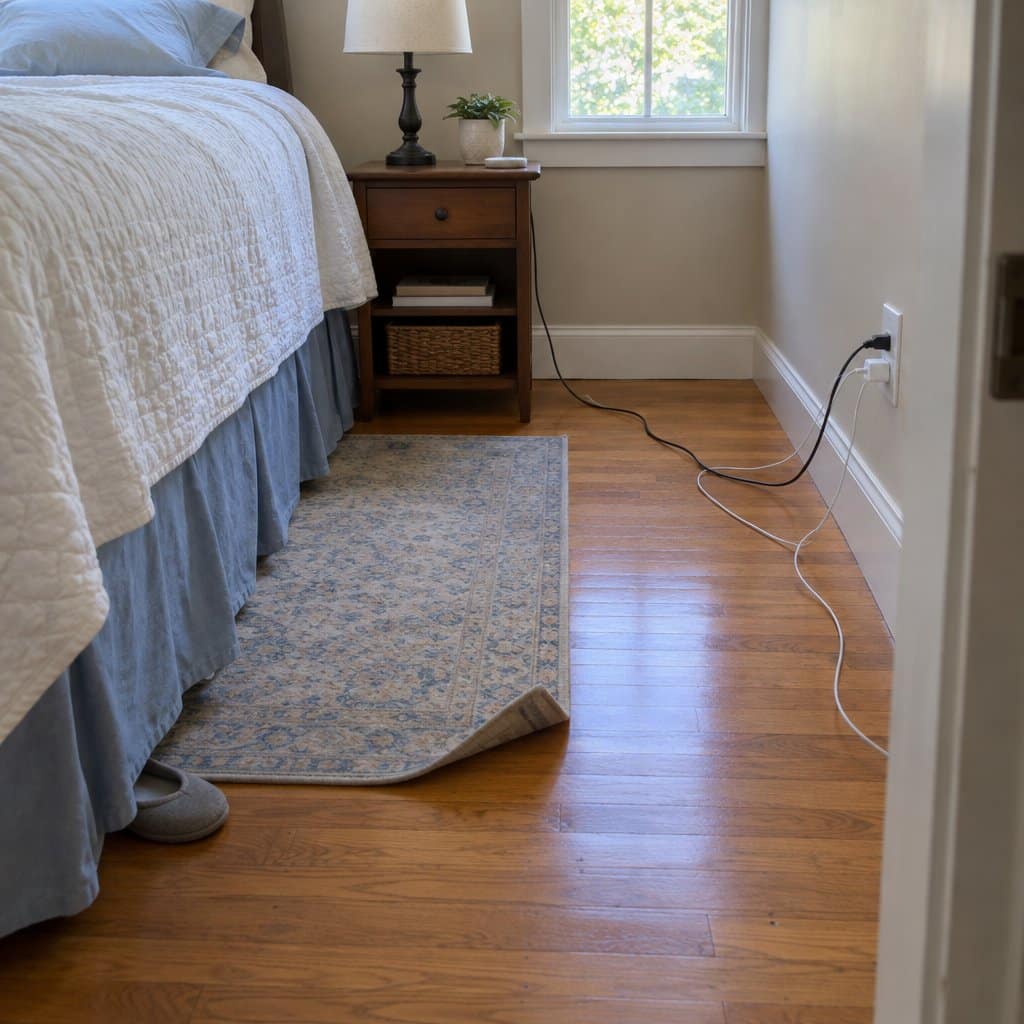 Bedroom floor with a curled-up rug corner and electrical cords crossing the path beside the bed