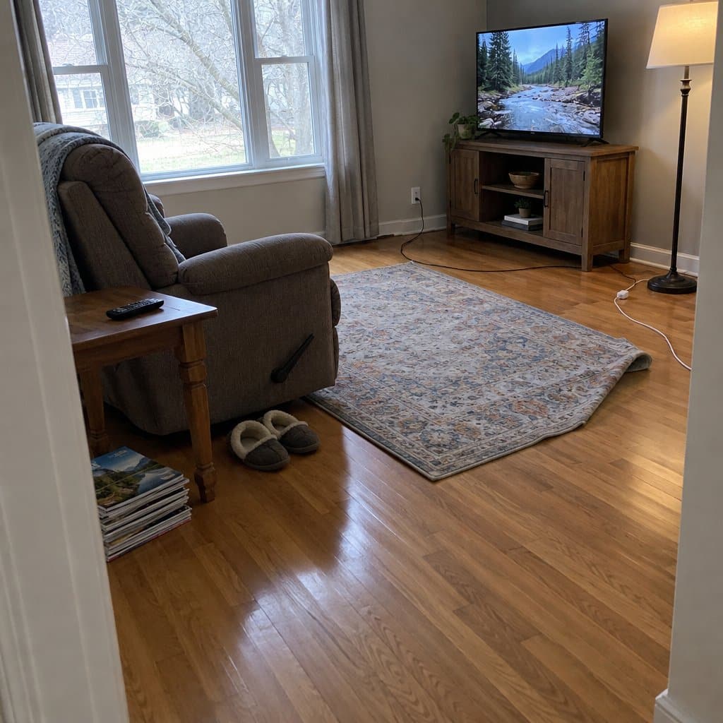 Living room floor with a curled rug corner, cords crossing the floor and magazines stacked beside a chair