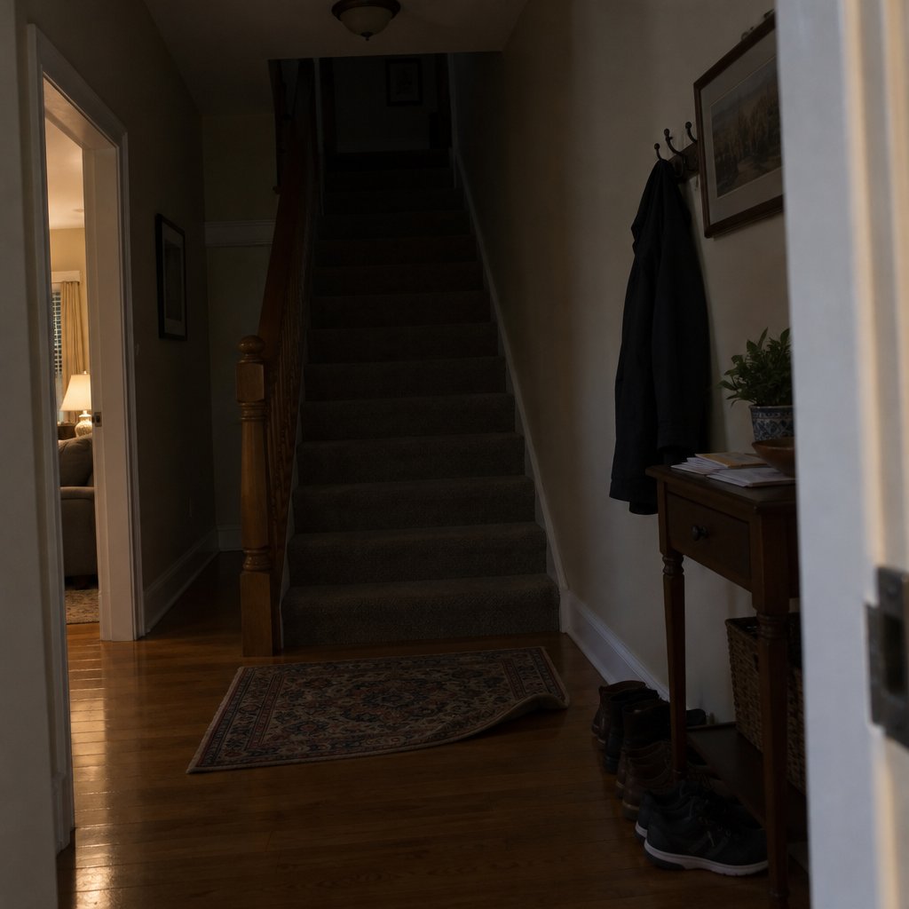 Dim hallway at the bottom of a staircase with a small rug curled up at its edge