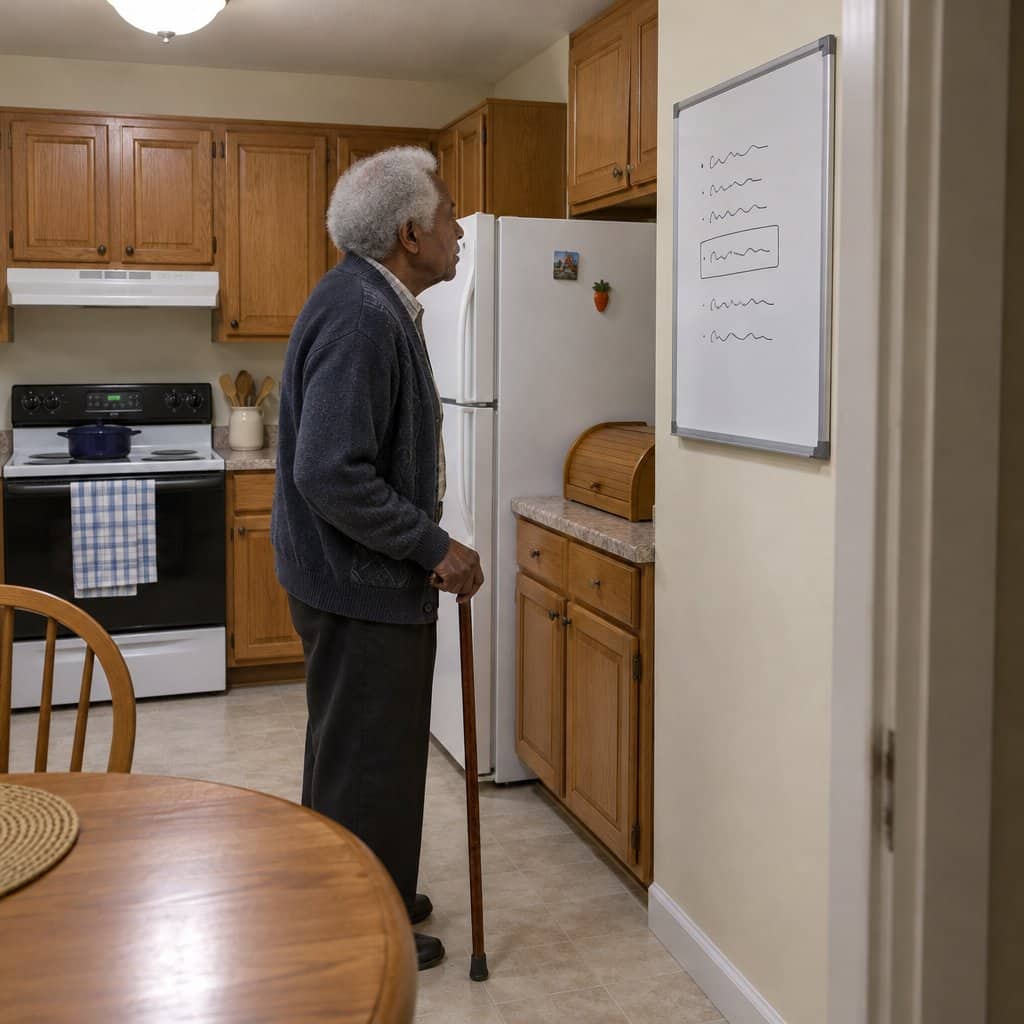Older man with a cane reading a white board on a kitchen wall