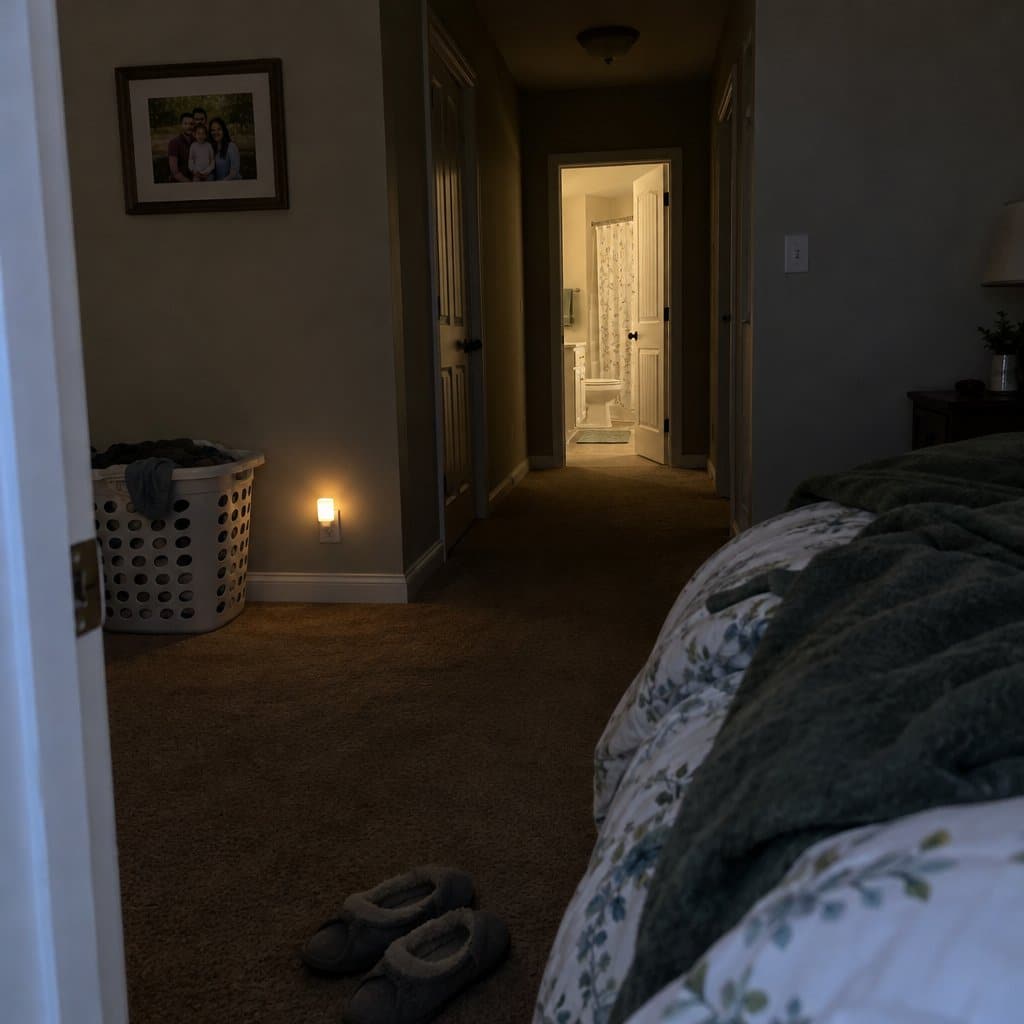 Dark bedroom hallway leading to a lit bathroom with a low night light near the floor