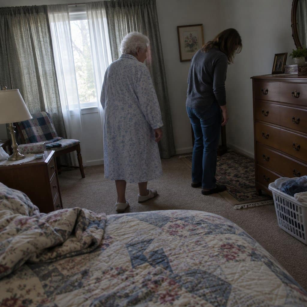 Older woman and her daughter looking over a dim bedroom corner with a throw rug.