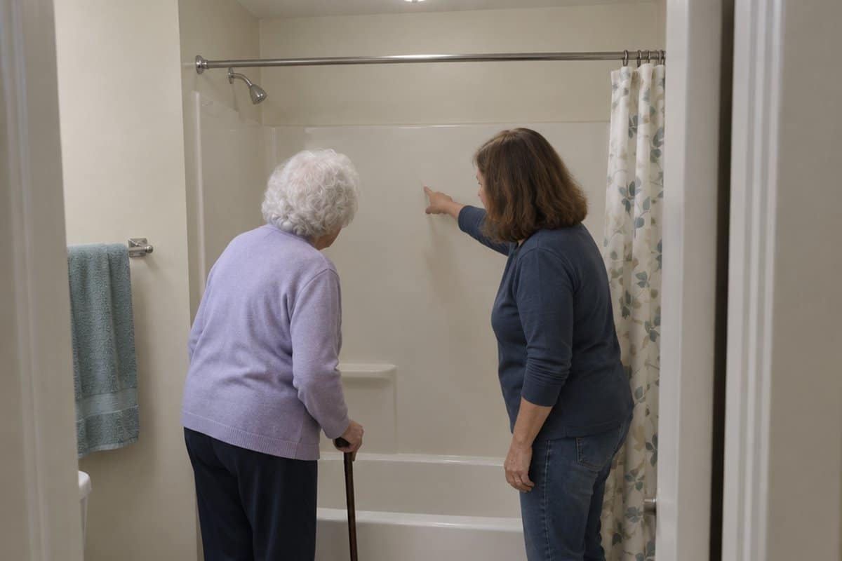 Mother with a cane and her daughter looking at a bathtub wall