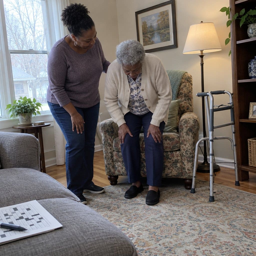 Woman standing beside her seated mother who leans forward to stand up from an armchair, walker nearby