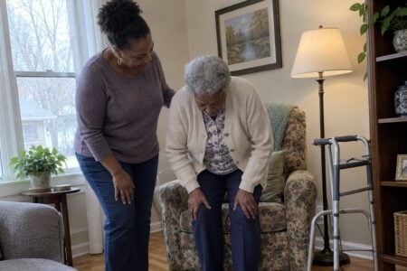 Woman standing beside her seated mother who leans forward to stand up from an armchair, walker nearby