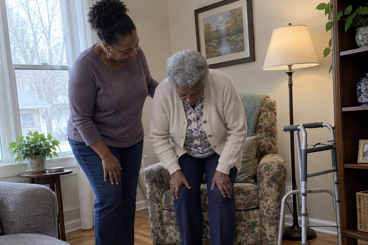 Woman standing beside her seated mother who leans forward to stand up from an armchair, walker nearby