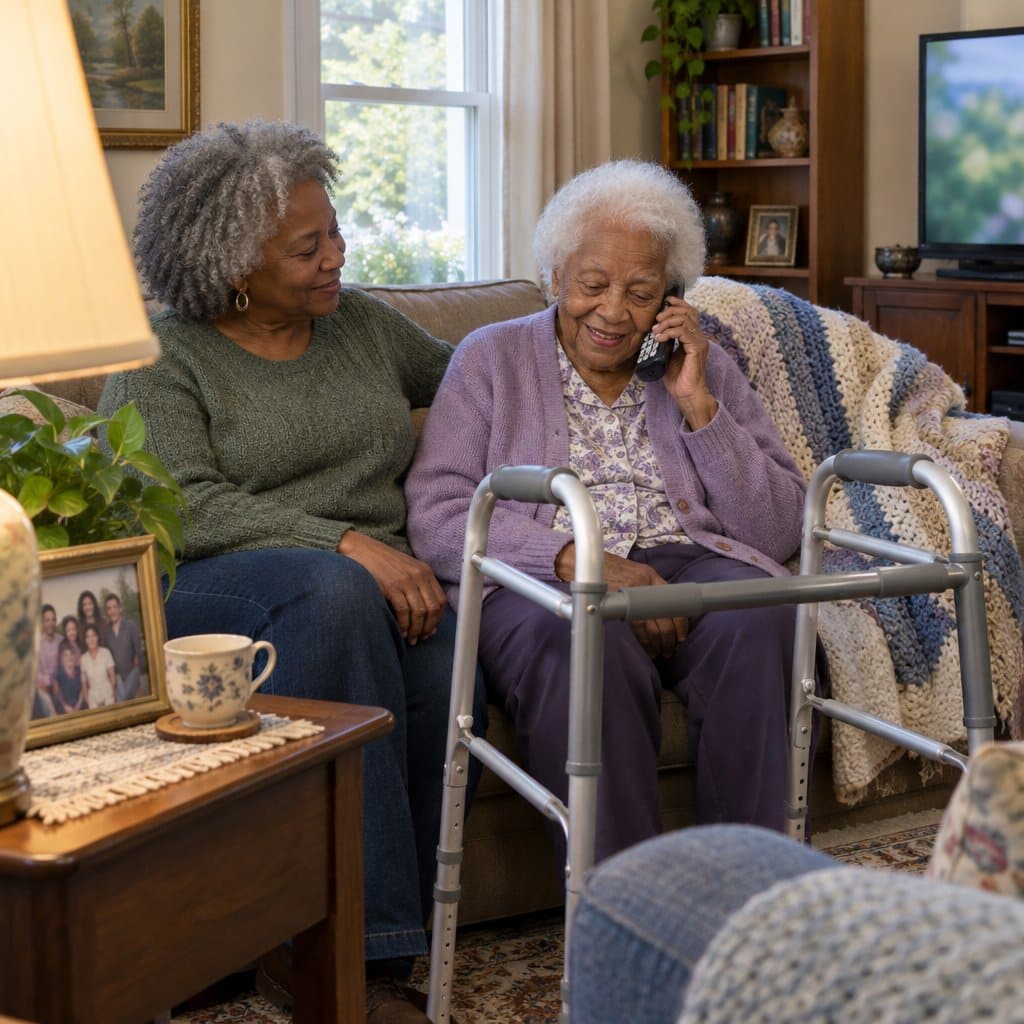 Older woman with a walker holding a phone to her ear beside her daughter on a sofa