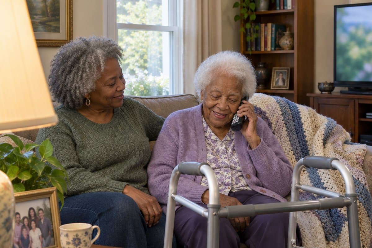 Older woman with a walker holding a phone to her ear beside her daughter on a sofa