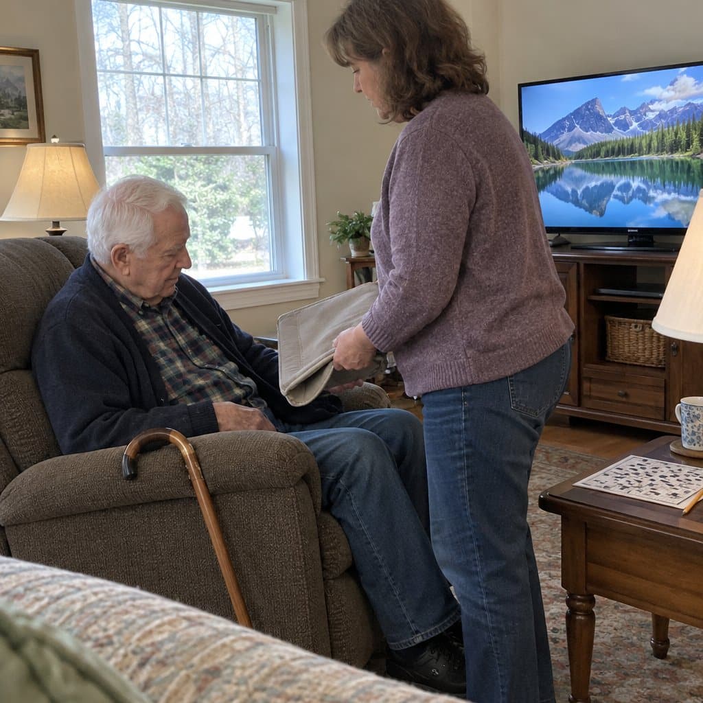 Older man in a recliner looking at a folded cushion cover offered by his daughter standing beside him