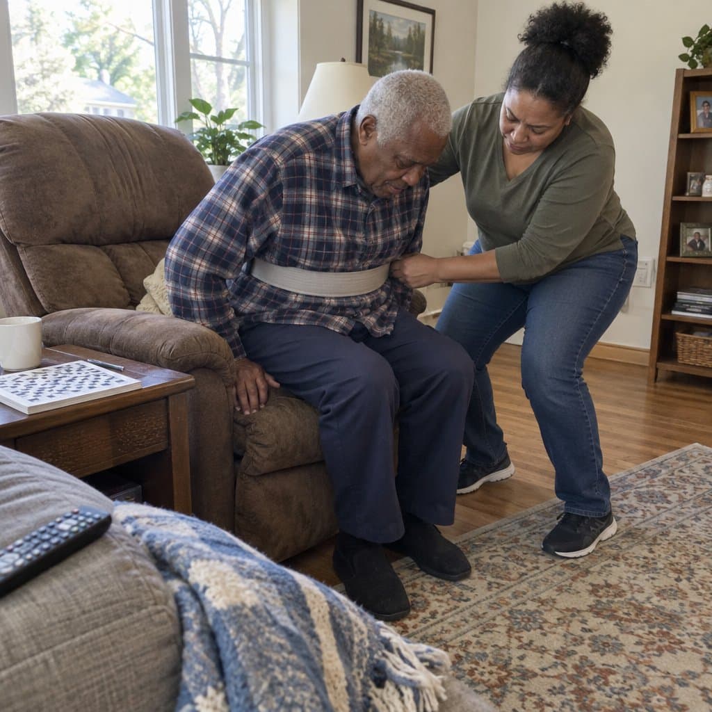 Woman helping her father stand from a recliner while holding a strap around his waist