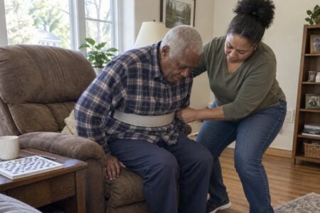 Woman helping her father stand from a recliner while holding a strap around his waist