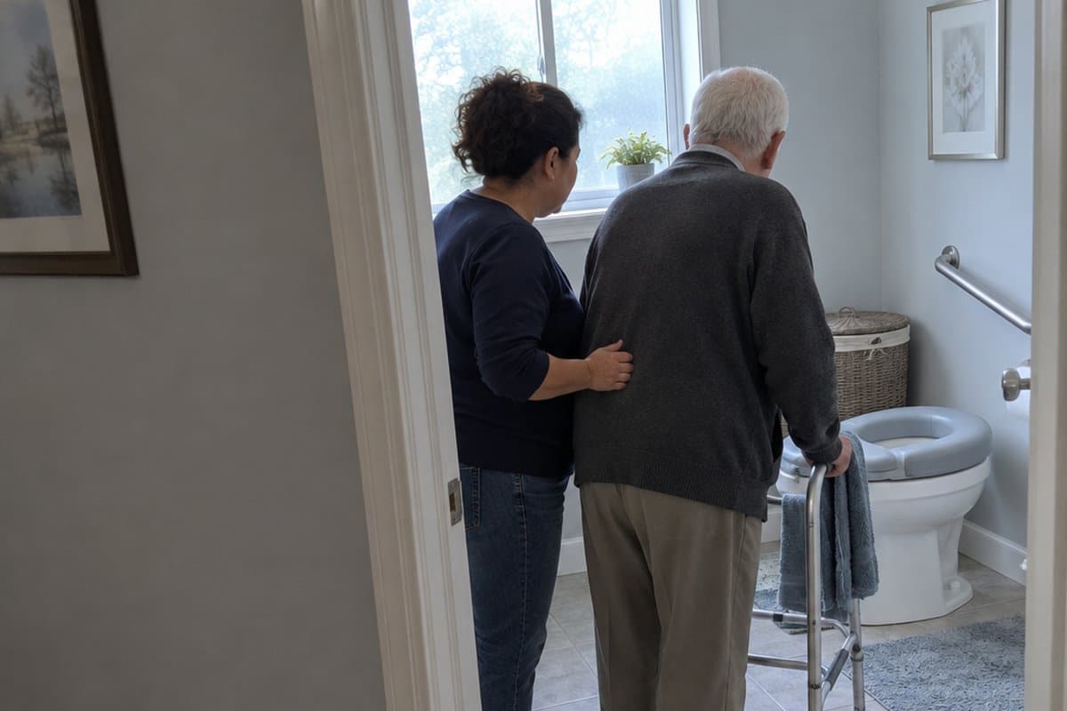 Older man with a walker at a bathroom doorway with his daughter beside him