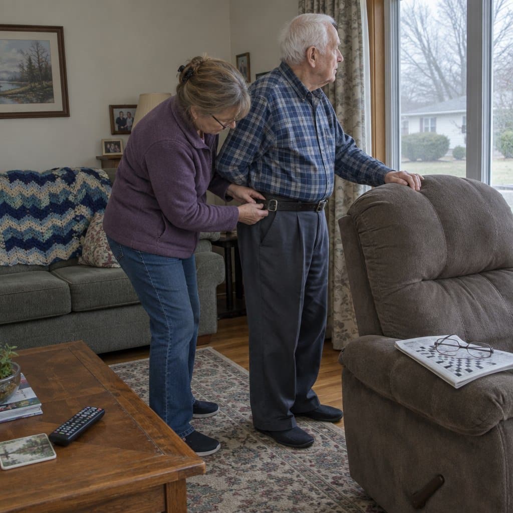 Woman helping her elderly father pull a belt through its buckle in a living room